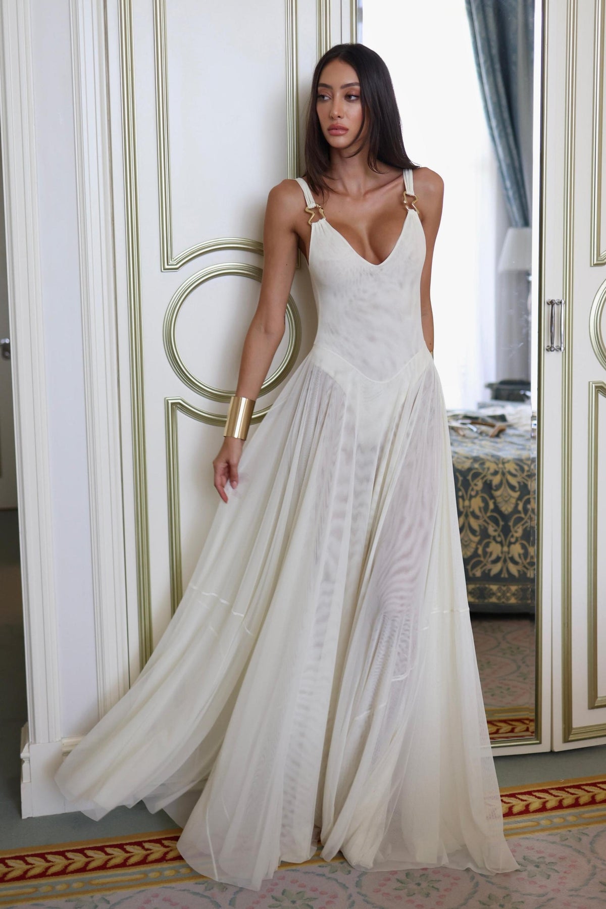 Solid Mesh V-Neck Maxi Dress