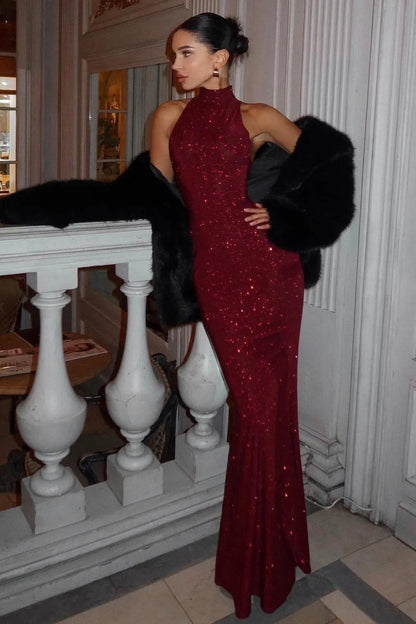 Luxury Sleeveless Halter Neck Maxi Dress