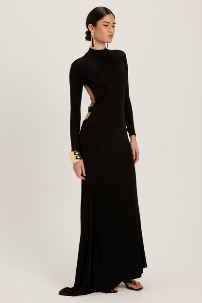 Backless Metal Decorations Long Sleeve Maxi Dress