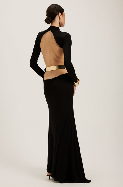 Backless Metal Decorations Long Sleeve Maxi Dress