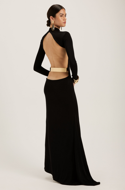 Backless Metal Decorations Long Sleeve Maxi Dress