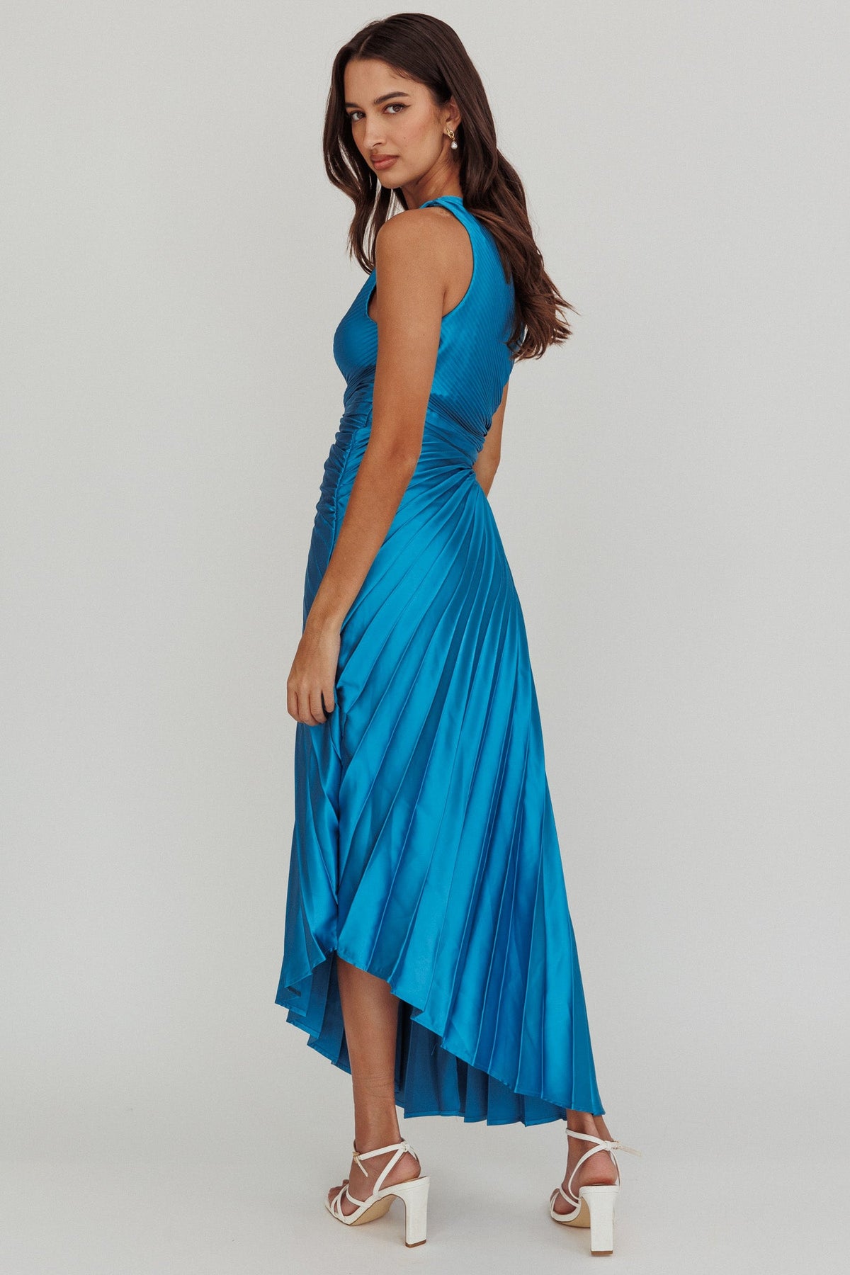Brooklynn One-Shoulder Accordion Pleat Satin Midi Dress Teal