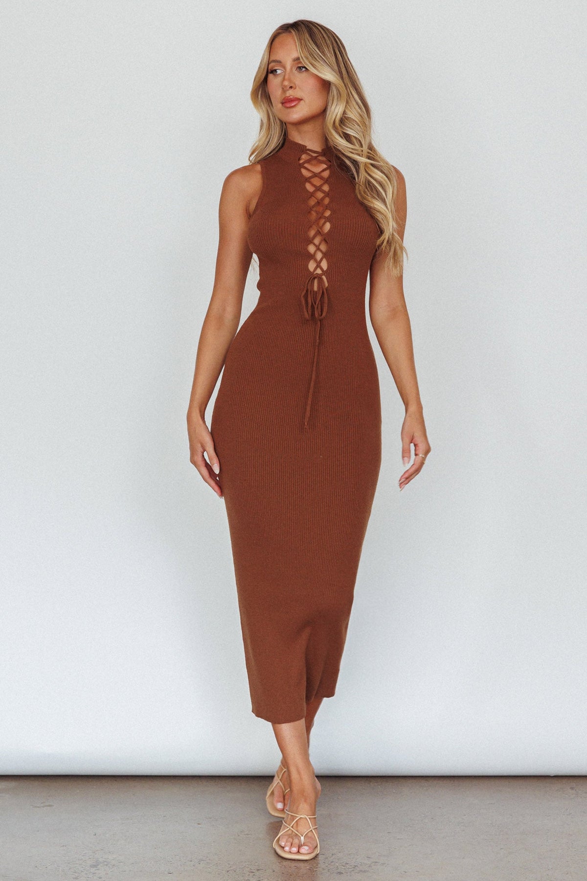 Brand New Day Lace-Up Bust Knit Midi Dress Chocolate
