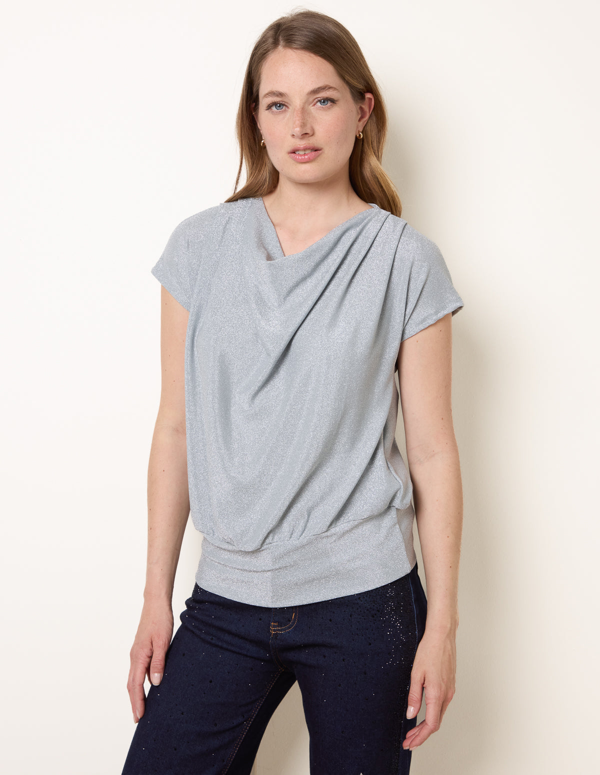 Metallic Cowl Neck Draped Top