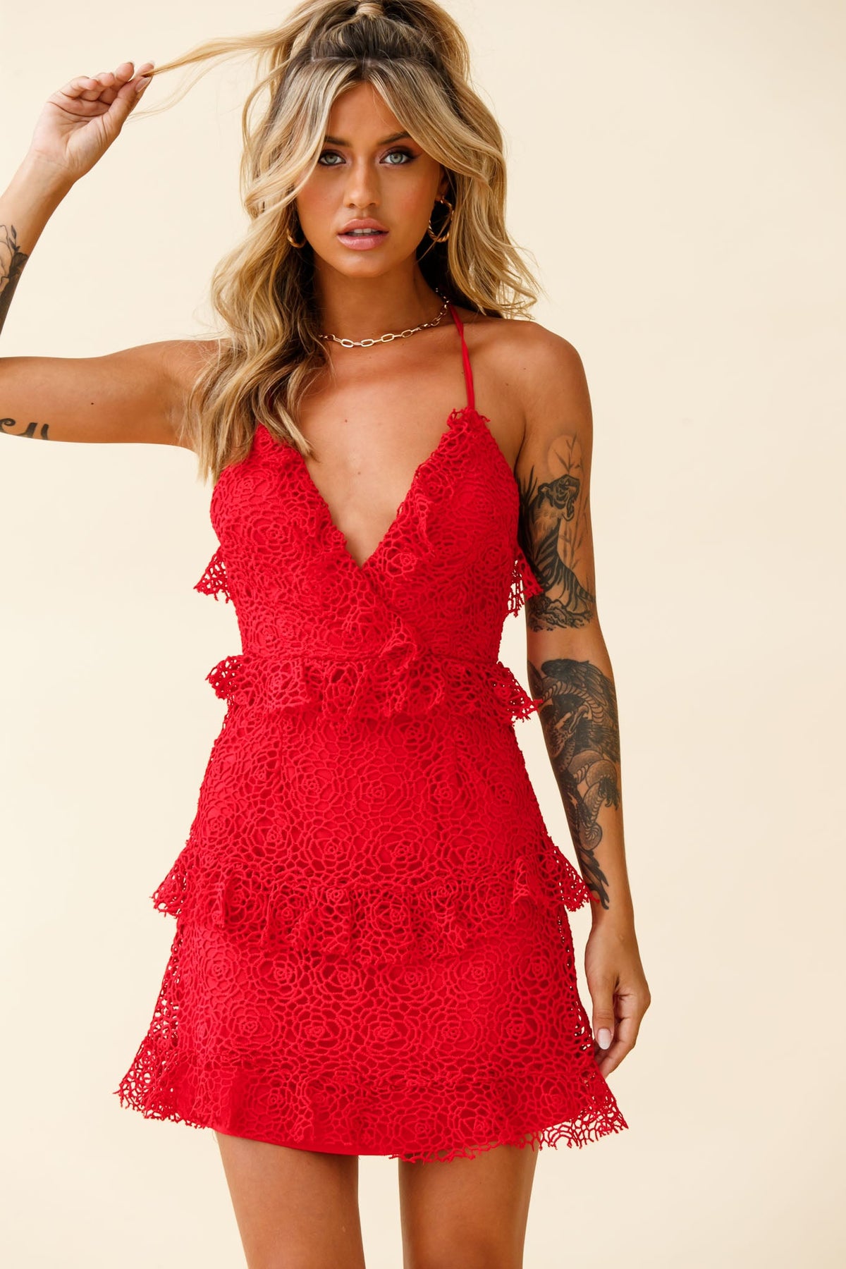 Airlie Halterneck Open Back Lace Dress Red