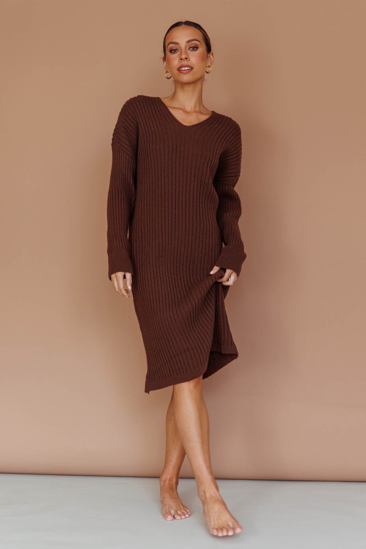 Autumn Hooded Sweater Midi Dress Chocolate