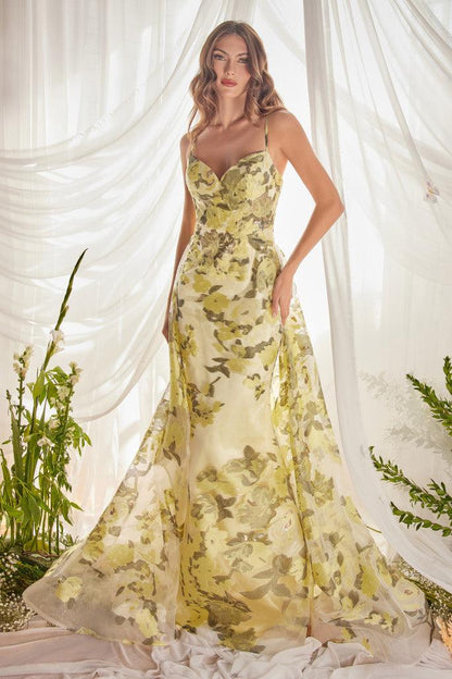 Andrea & Leo A0770 Spaghetti Strap with Organza Print Prom Dress