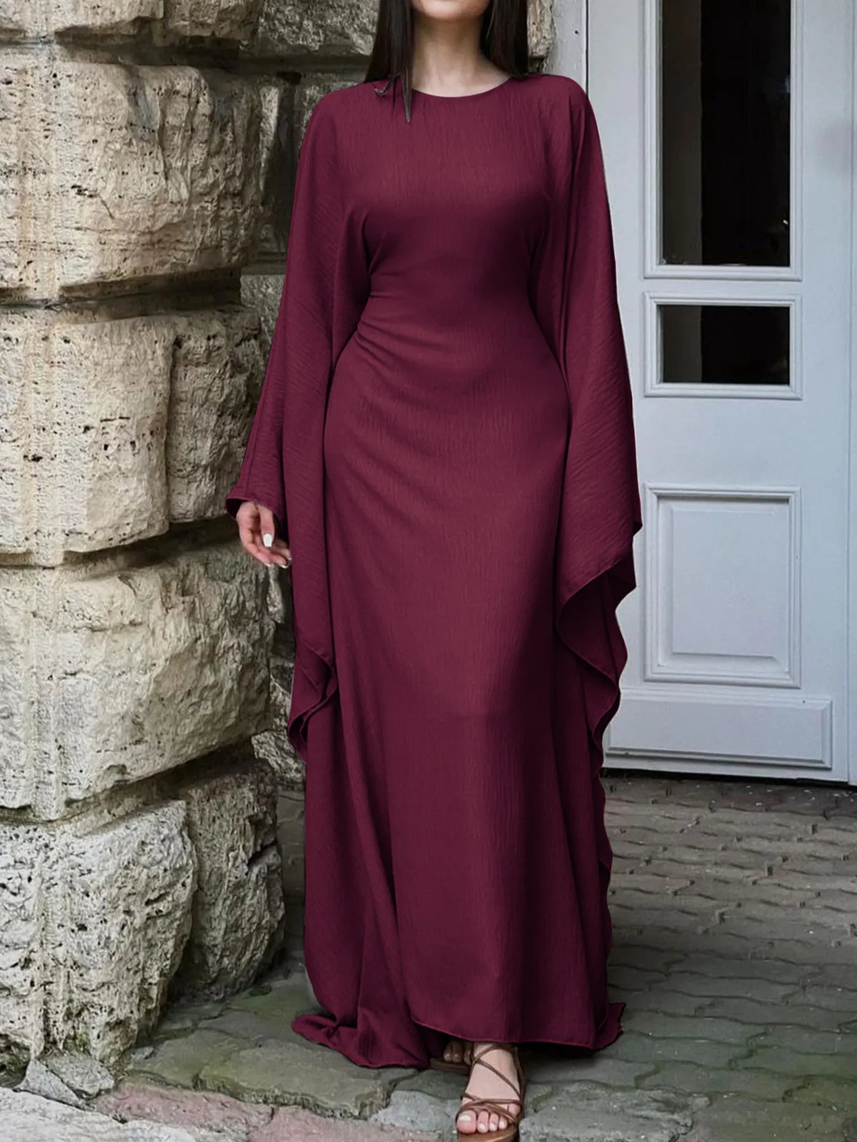 Round Neck Maxi Dress with Flowing Cape Sleeves