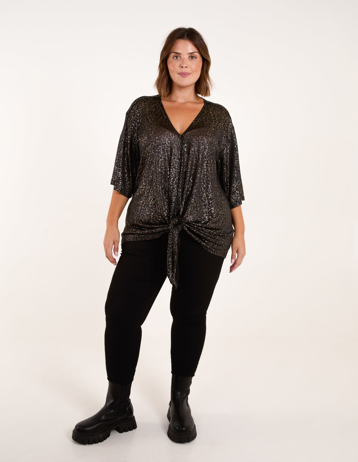 Curve Leopard V Neck Tie Front Top