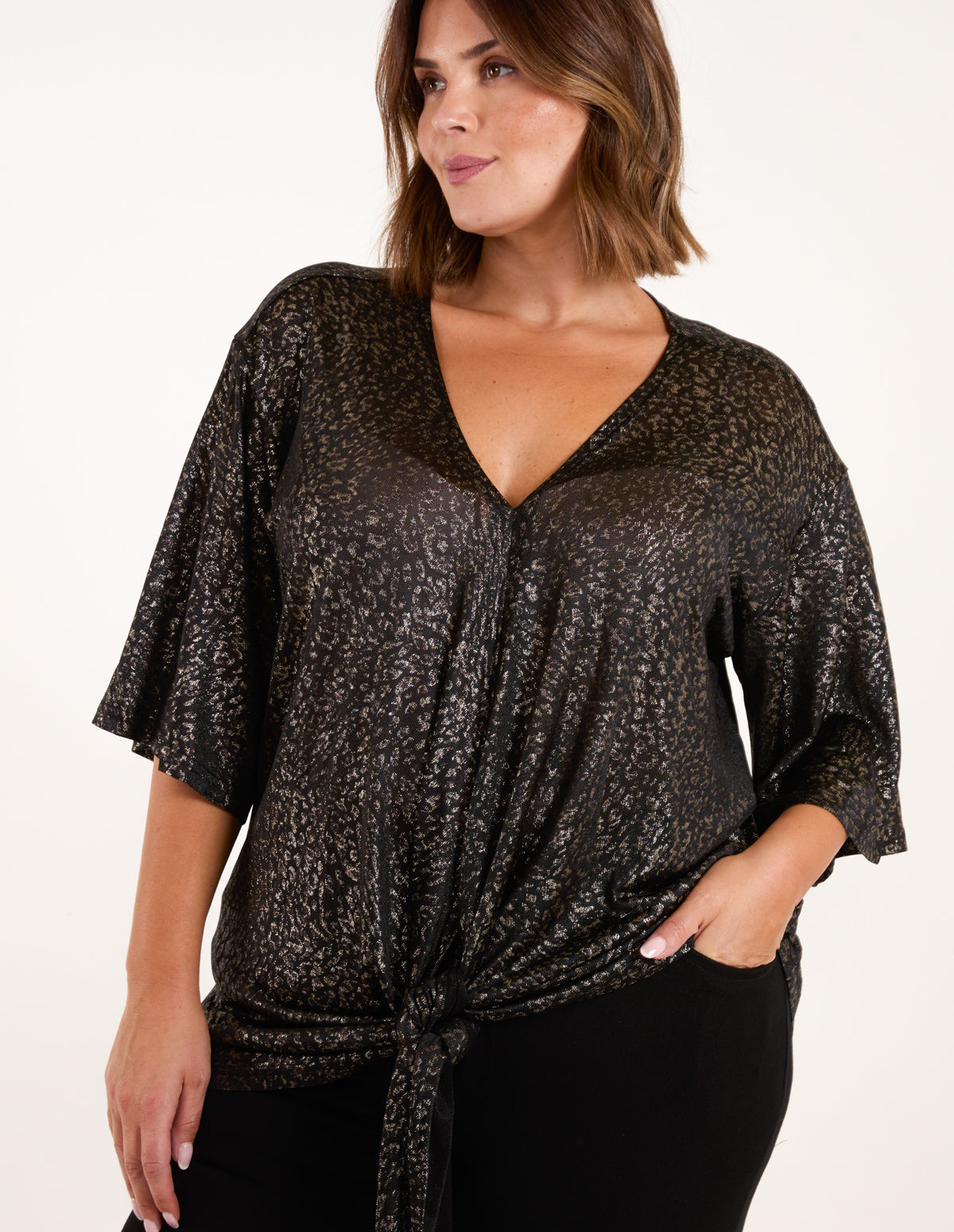 Curve Leopard V Neck Tie Front Top