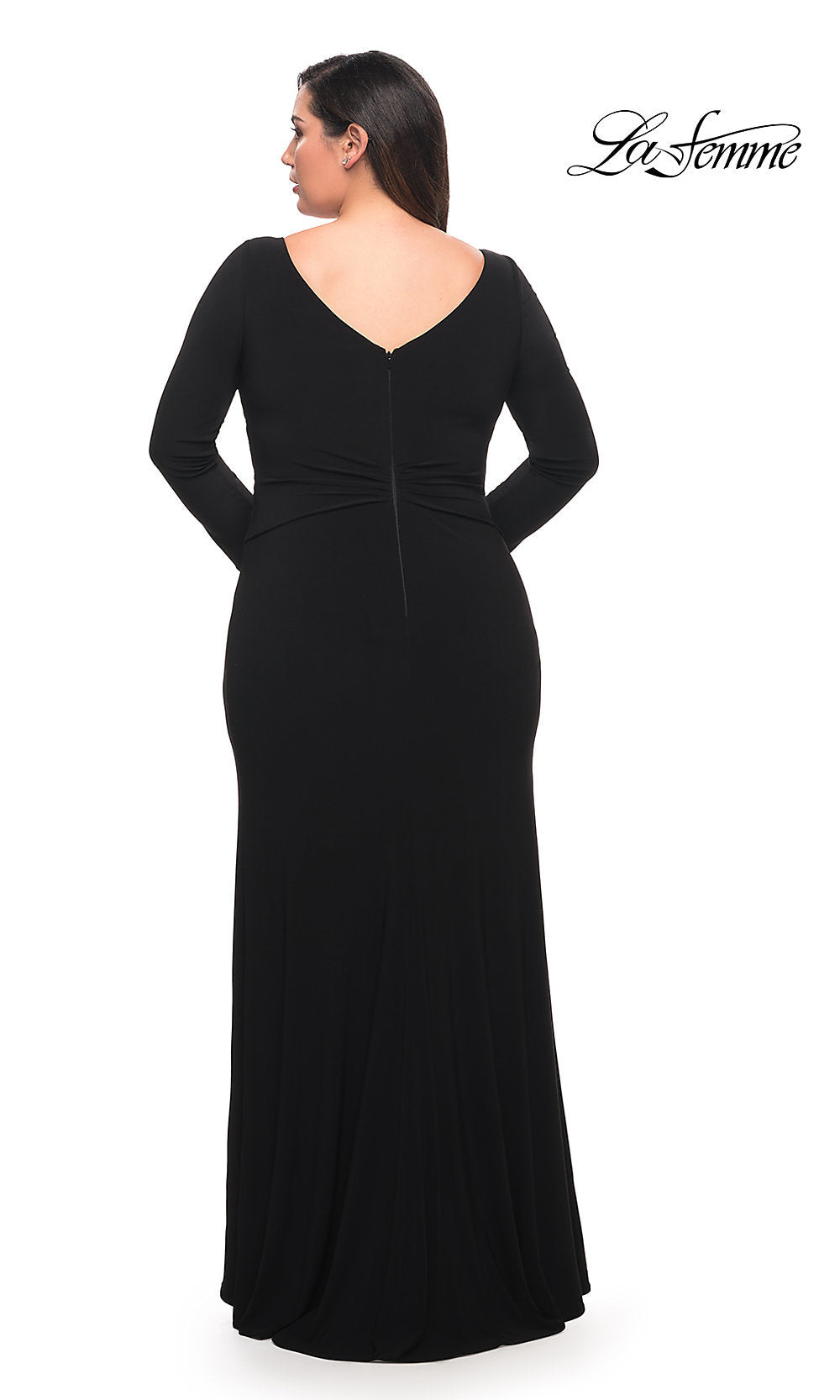 La Femme Plus-Size Long Sleeve Black Prom Dress