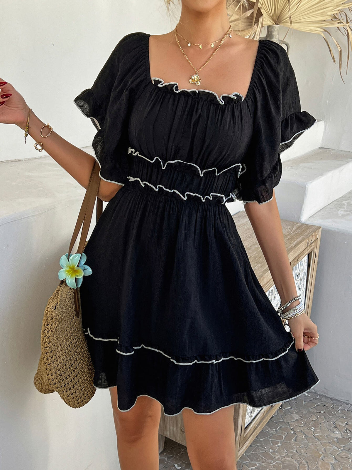 Pure Essence Smocked Babydoll Mini Dress - black