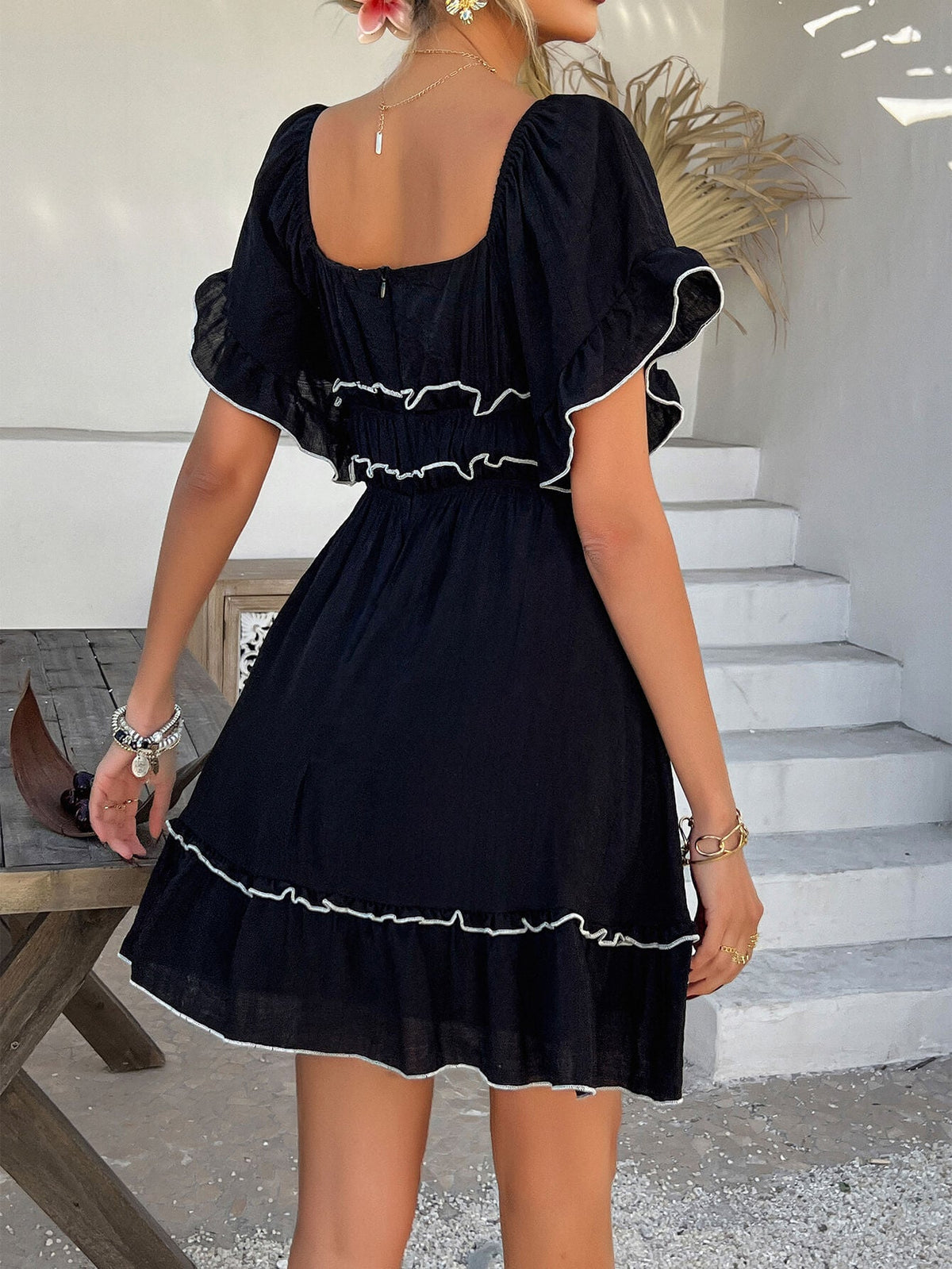 Pure Essence Smocked Babydoll Mini Dress - black