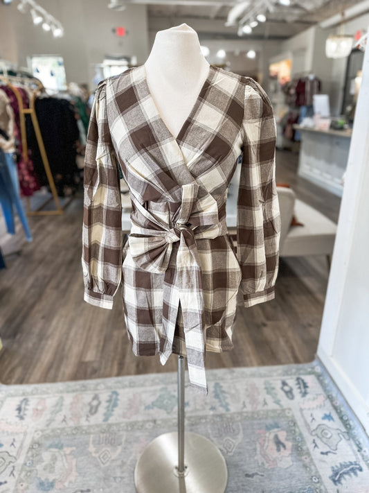 Brown Fireside Plaid Tie Mini Dress