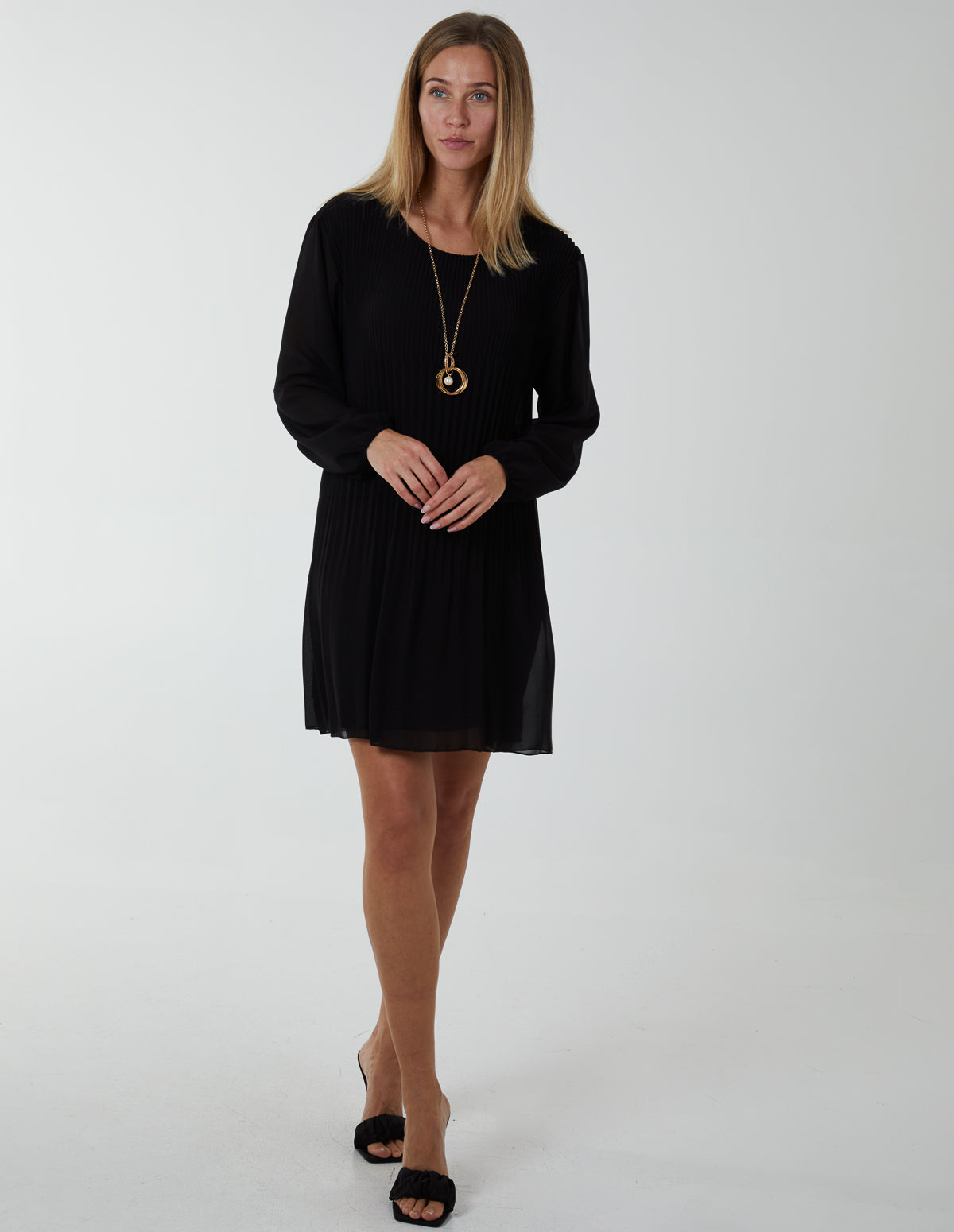 Long Sleeve Pleated Shift Dress