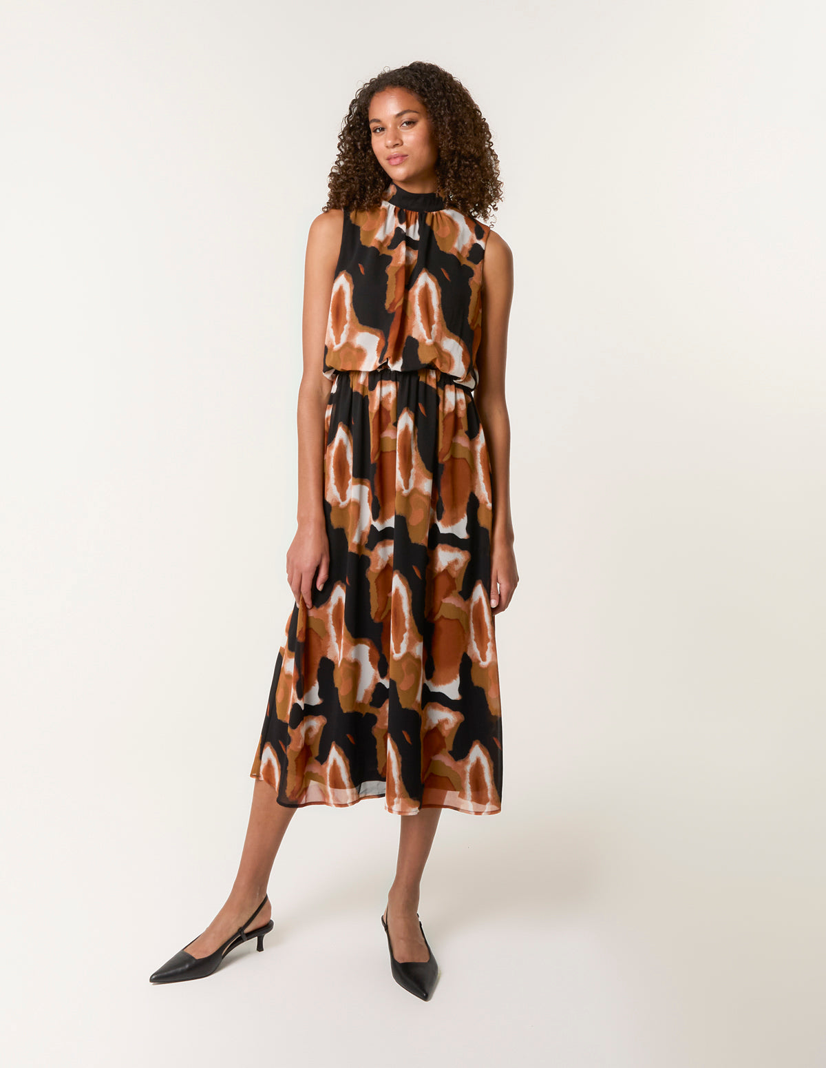 Sleeveless Puffball High Neck Printed Dress