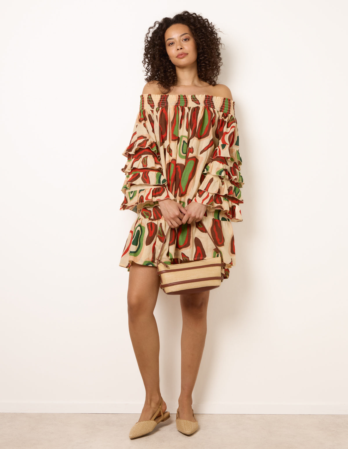 Printed Frill Sleeve Bardot Off Shoulder Tunic Dress