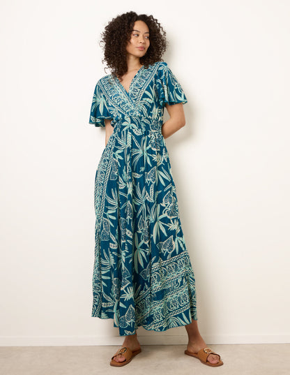 Wrap Over Angel Sleeve Shirred Maxi Dress