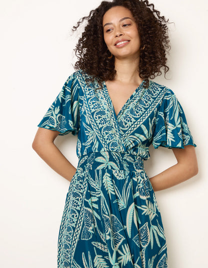Wrap Over Angel Sleeve Shirred Maxi Dress