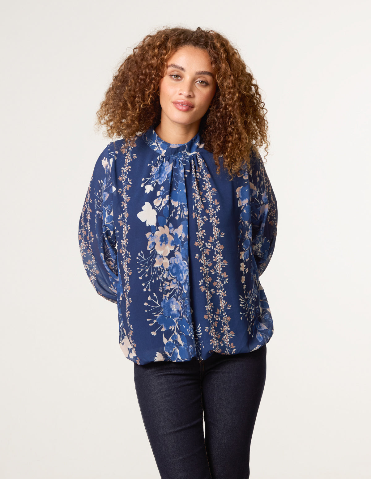 High Neck Puffball Floral Blouse
