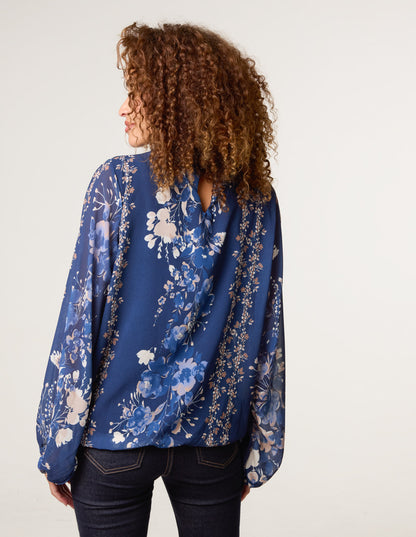 High Neck Puffball Floral Blouse