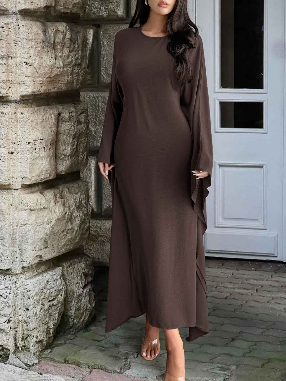 Round Neck Maxi Dress with Flowing Cape Sleeves