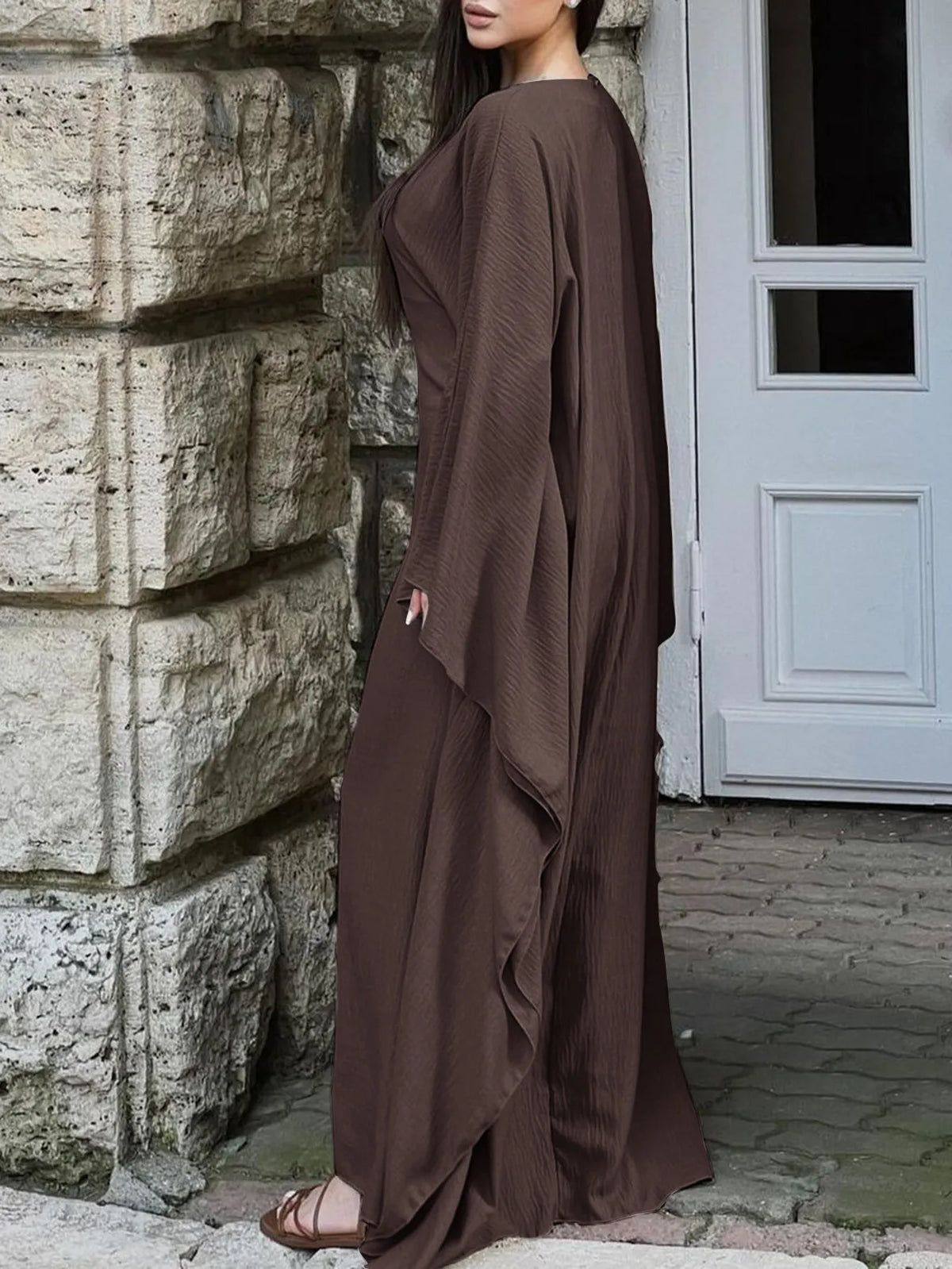 Round Neck Maxi Dress with Flowing Cape Sleeves