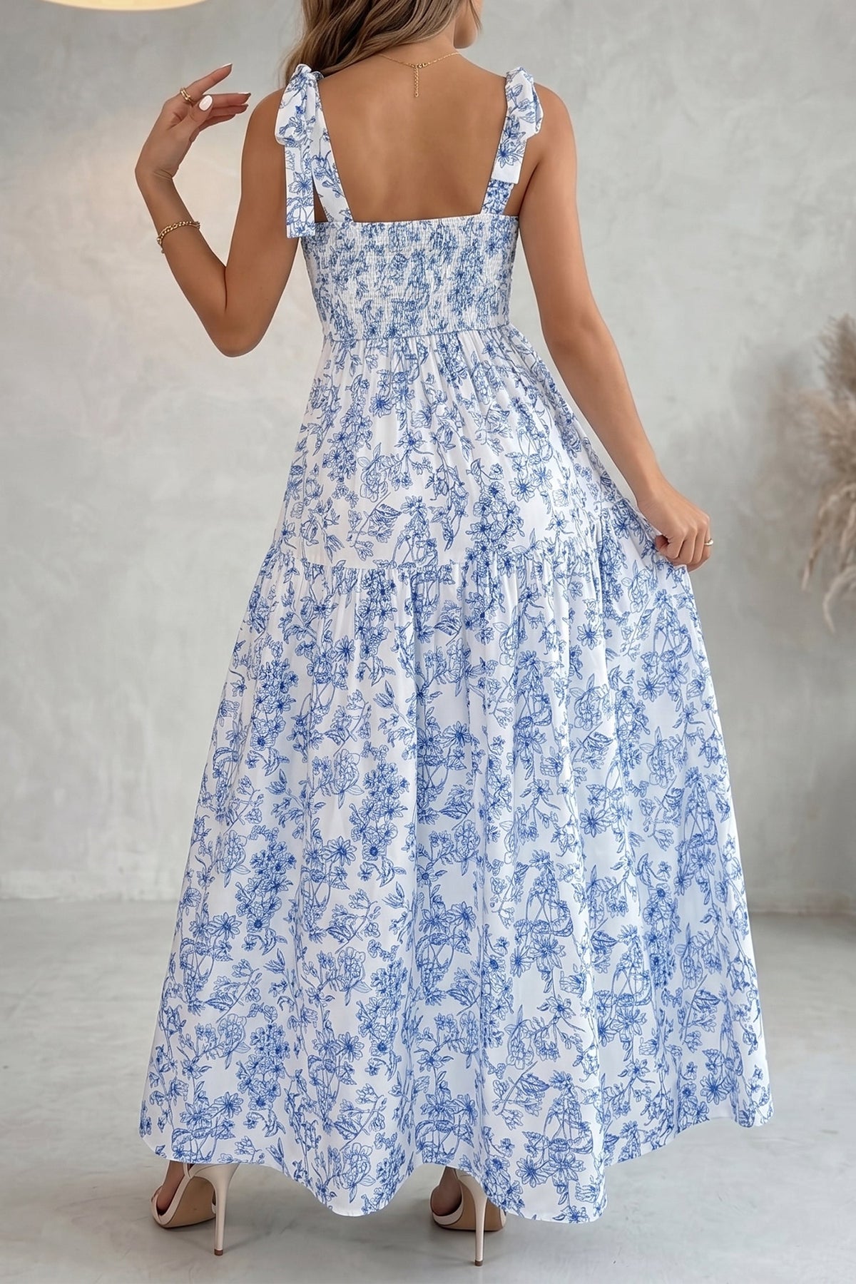 Sky Blue Floral Print Knot Straps High Waist Flared Maxi Dress