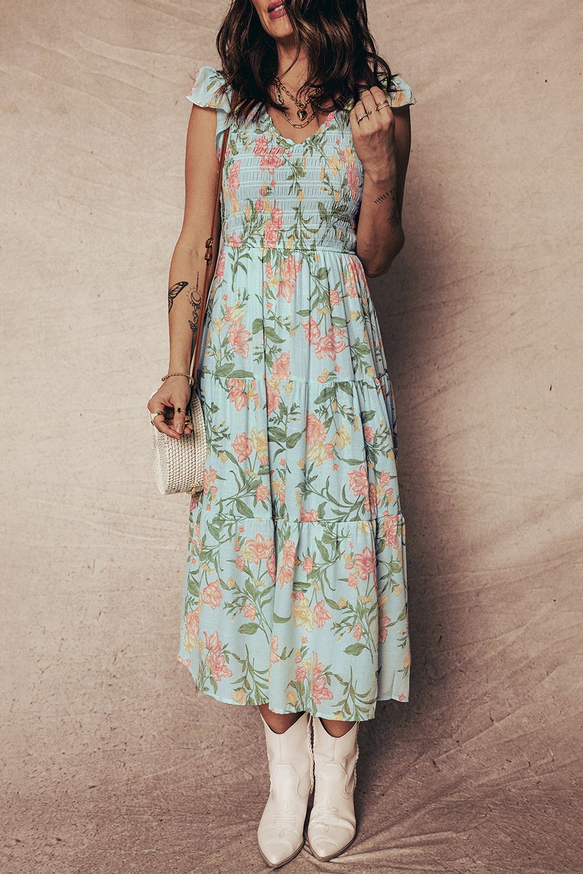 Yellow Smocked Bodice Ruffled Sleeveless Tiered Floral Maxi Dress