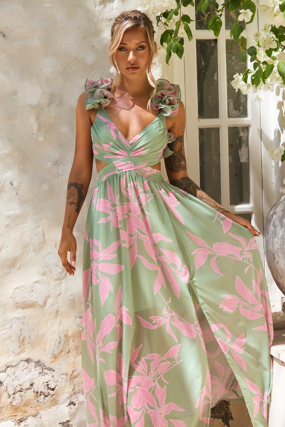 Ethereal Blossom Maxi Dress - Sage Multi