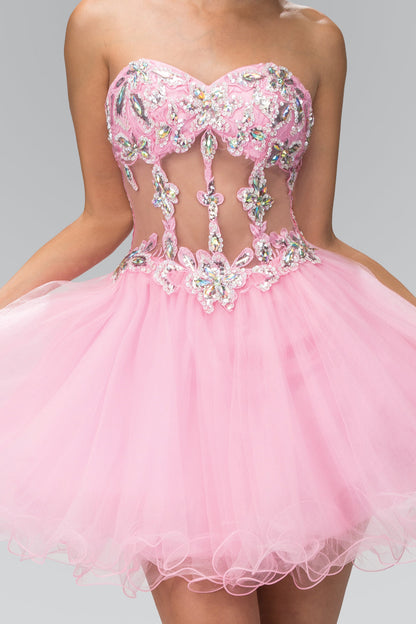 Beaded Strapless Sequined Tulle Short Prom Dress
