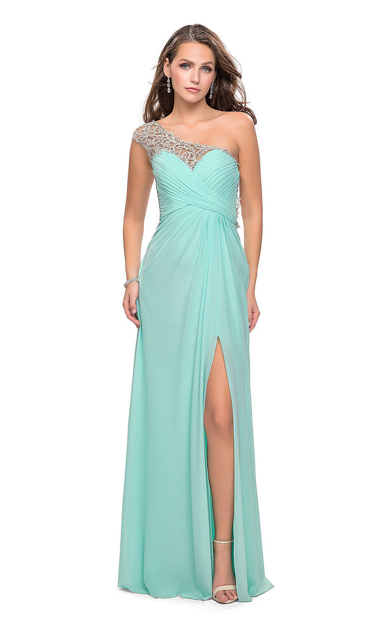 One-Shoulder Long La Femme Lace-Back Prom Dress