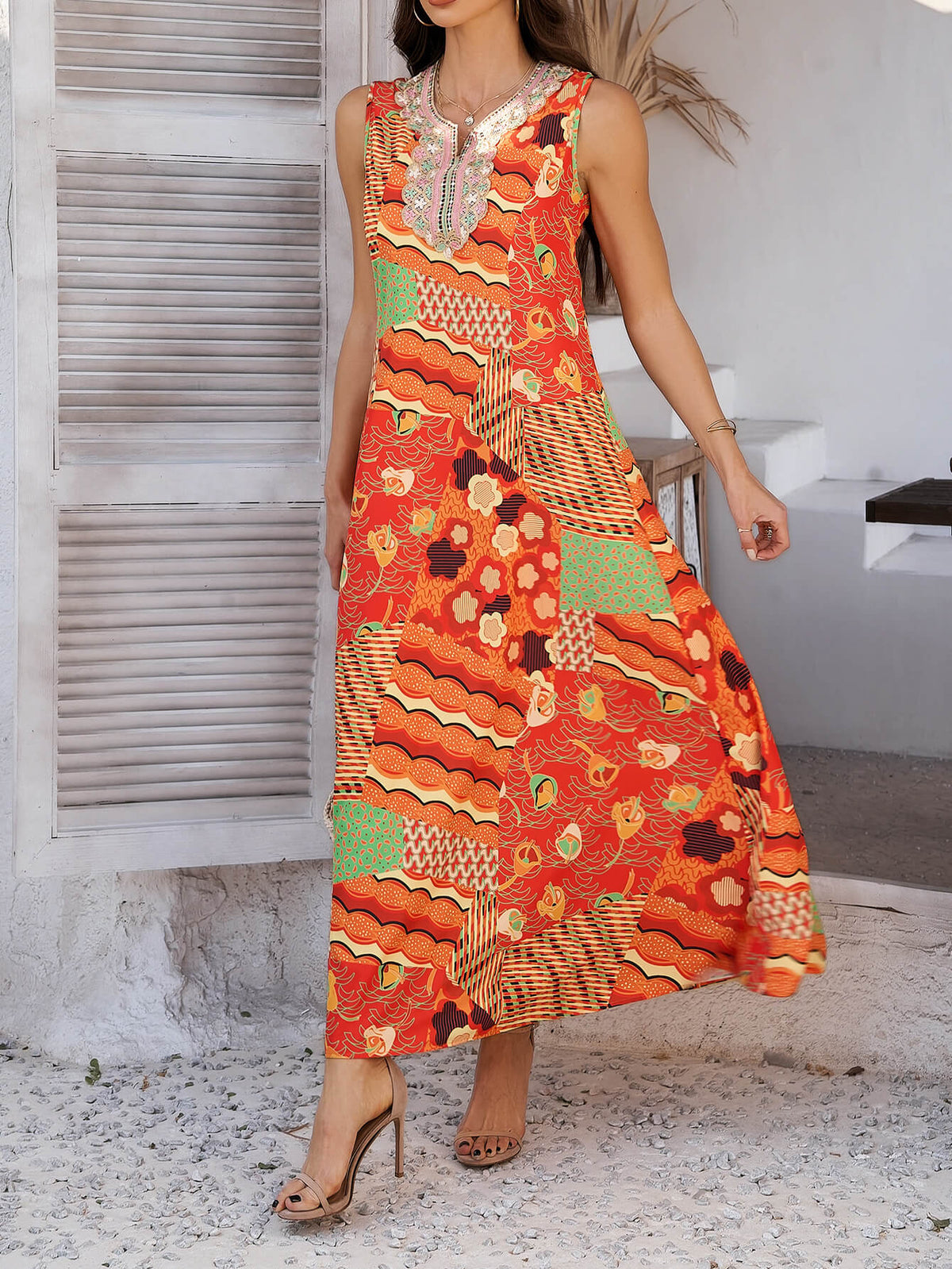 Emelia Floral Print Boho Maxi Dress - orange