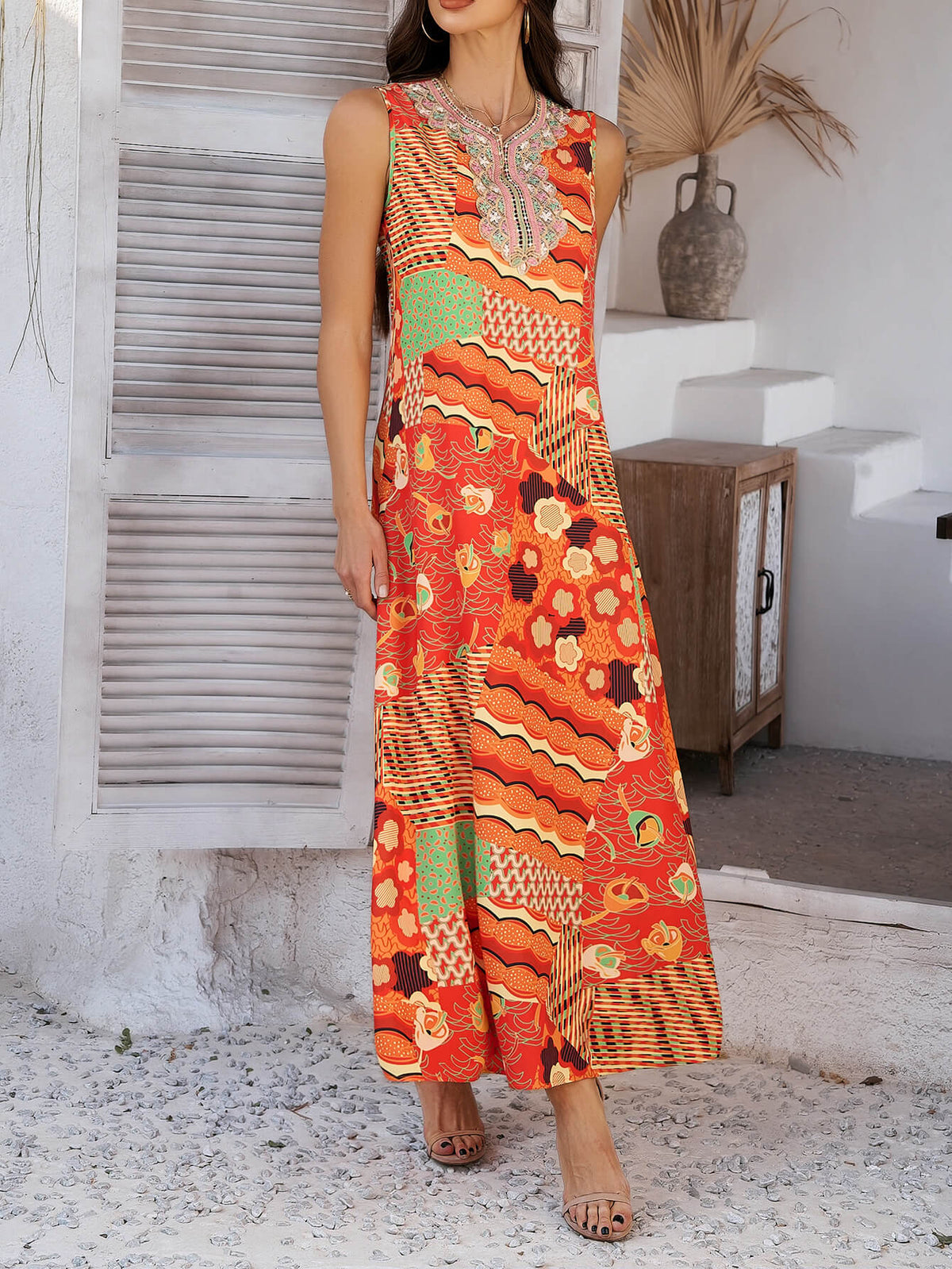 Emelia Floral Print Boho Maxi Dress - orange