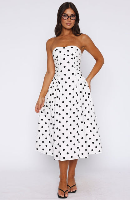 Rich In Love Strapless Midi Dress White/Black Polka Dot