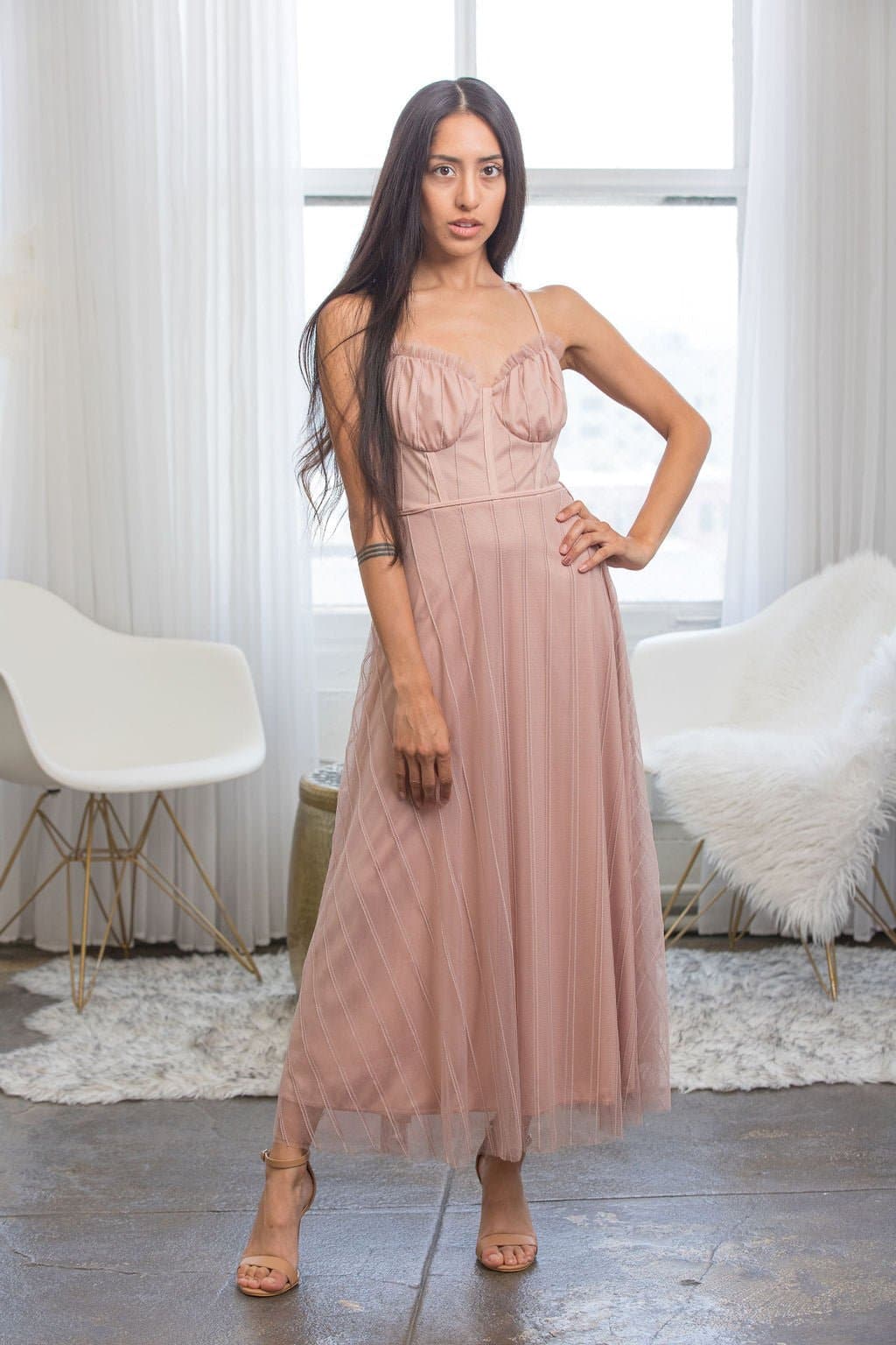 Sadie Mauve Tulle Spring Midi Dress