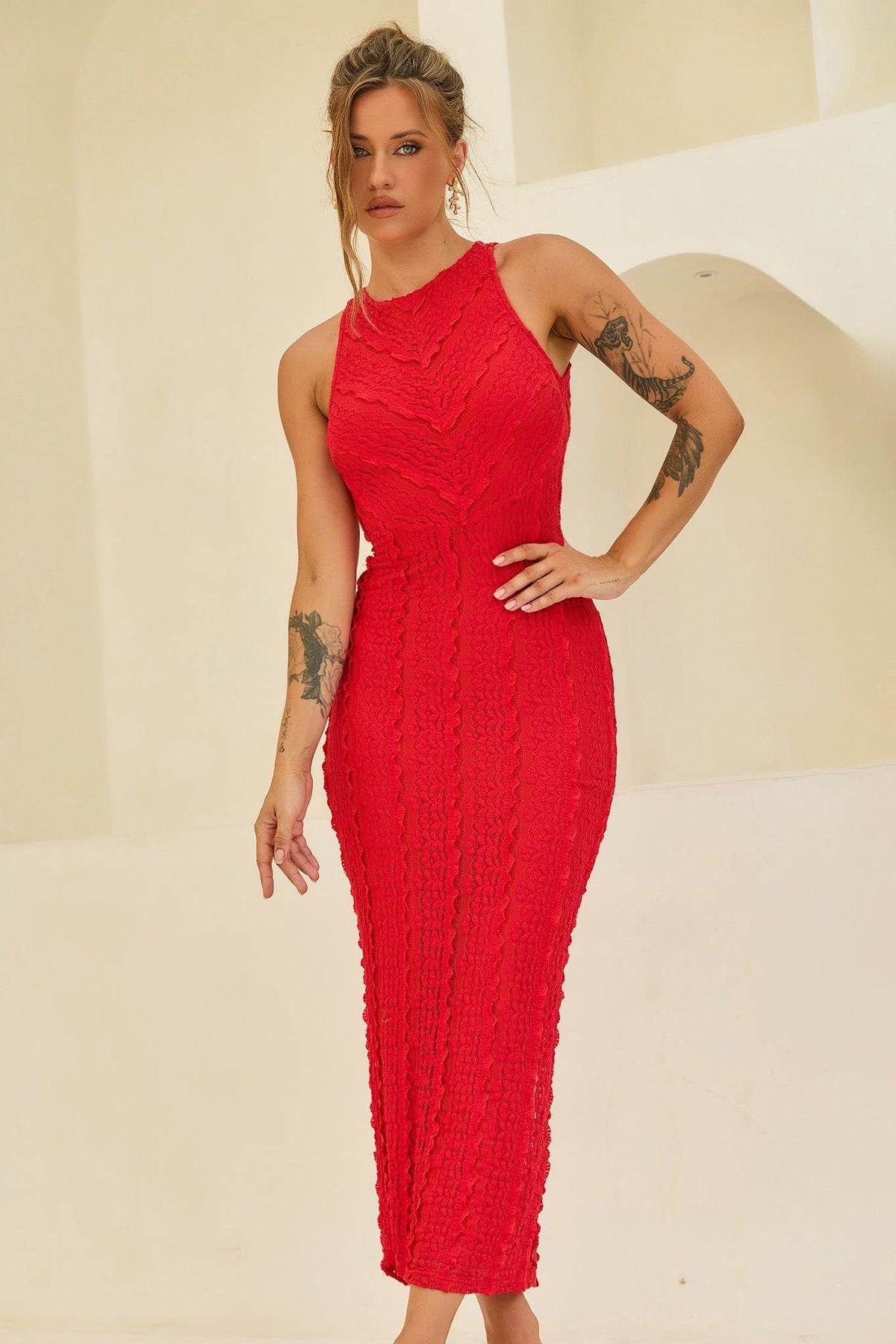 She's The Flame Lace Midi Dress - Red