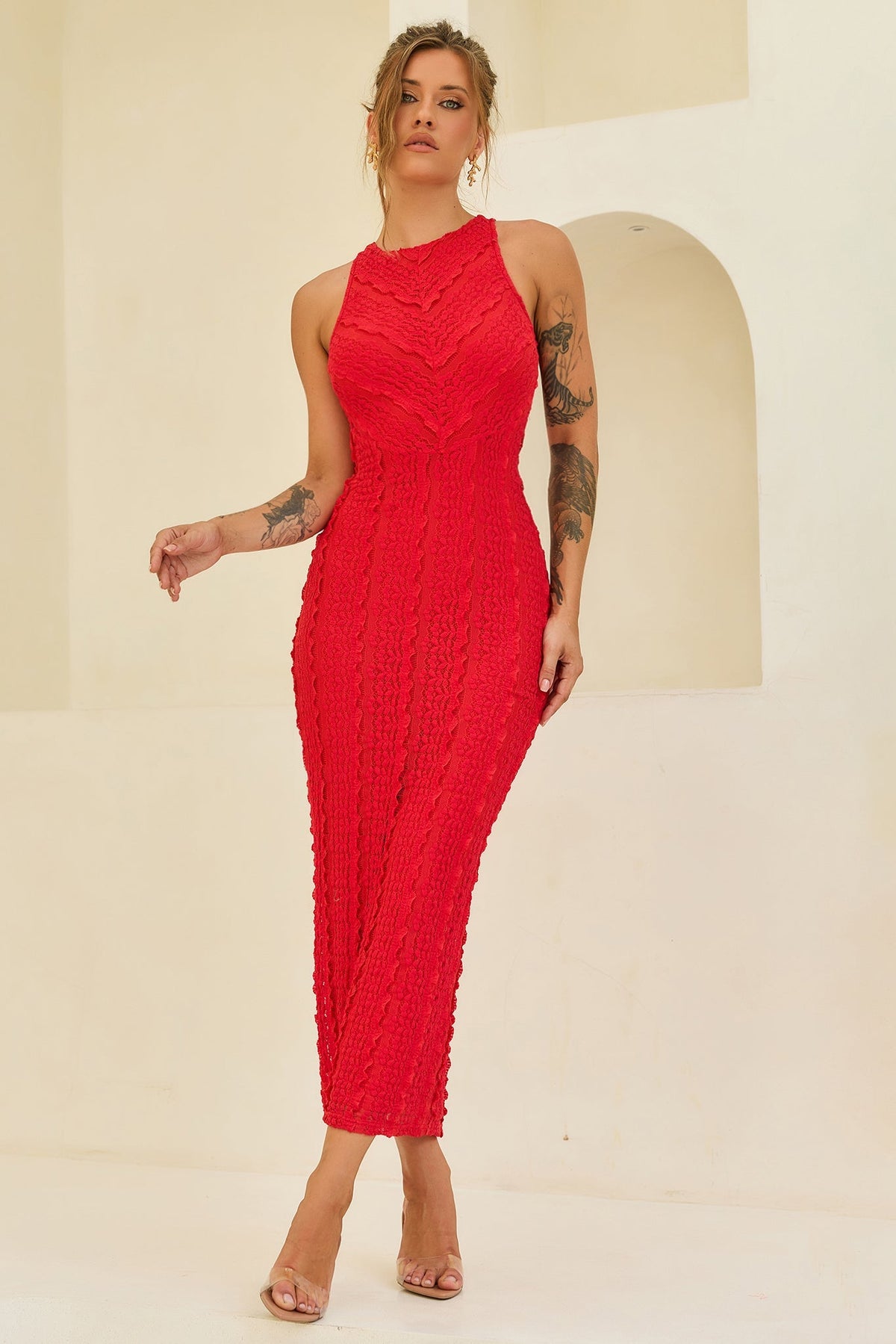 She's The Flame Lace Midi Dress - Red