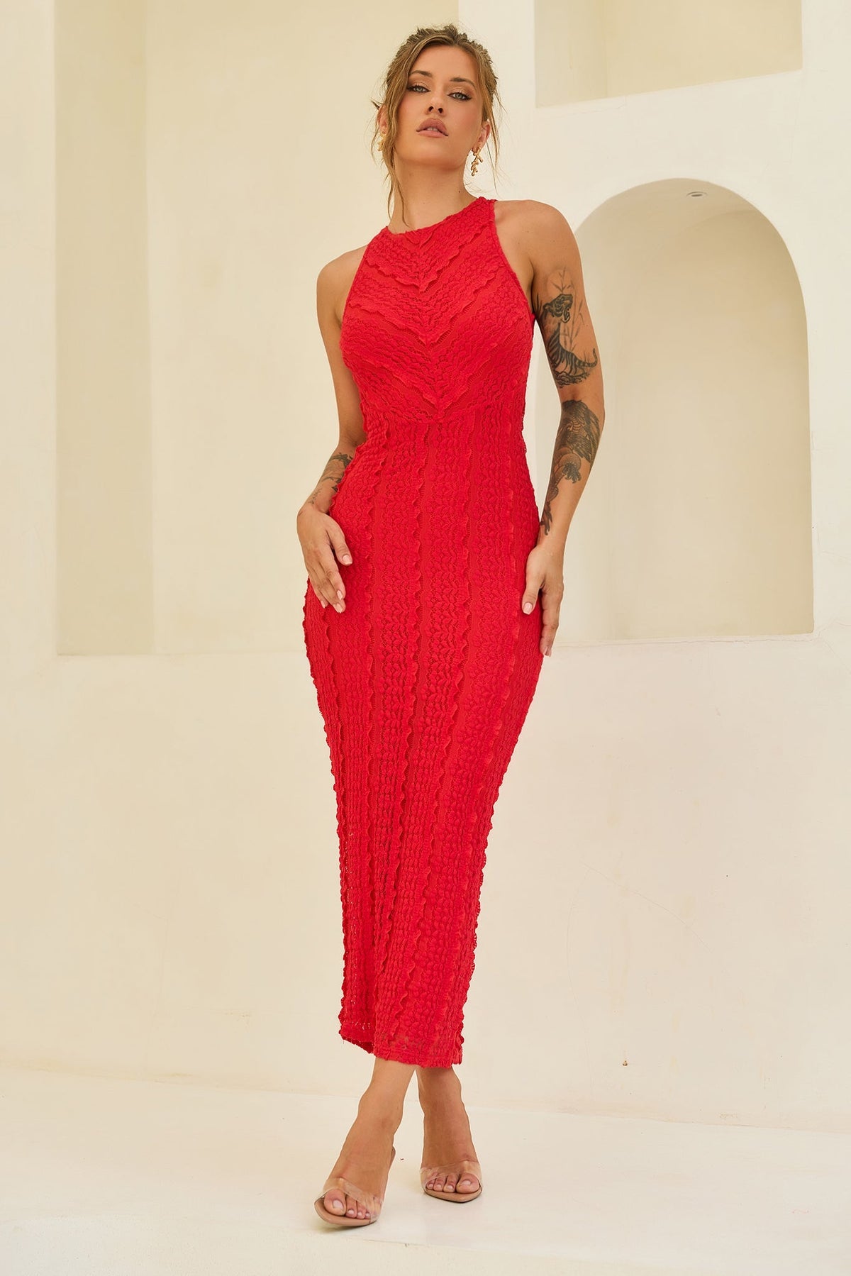 She's The Flame Lace Midi Dress - Red