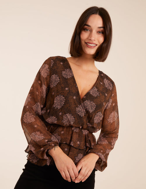Floral Ruffle Wrap Blouse