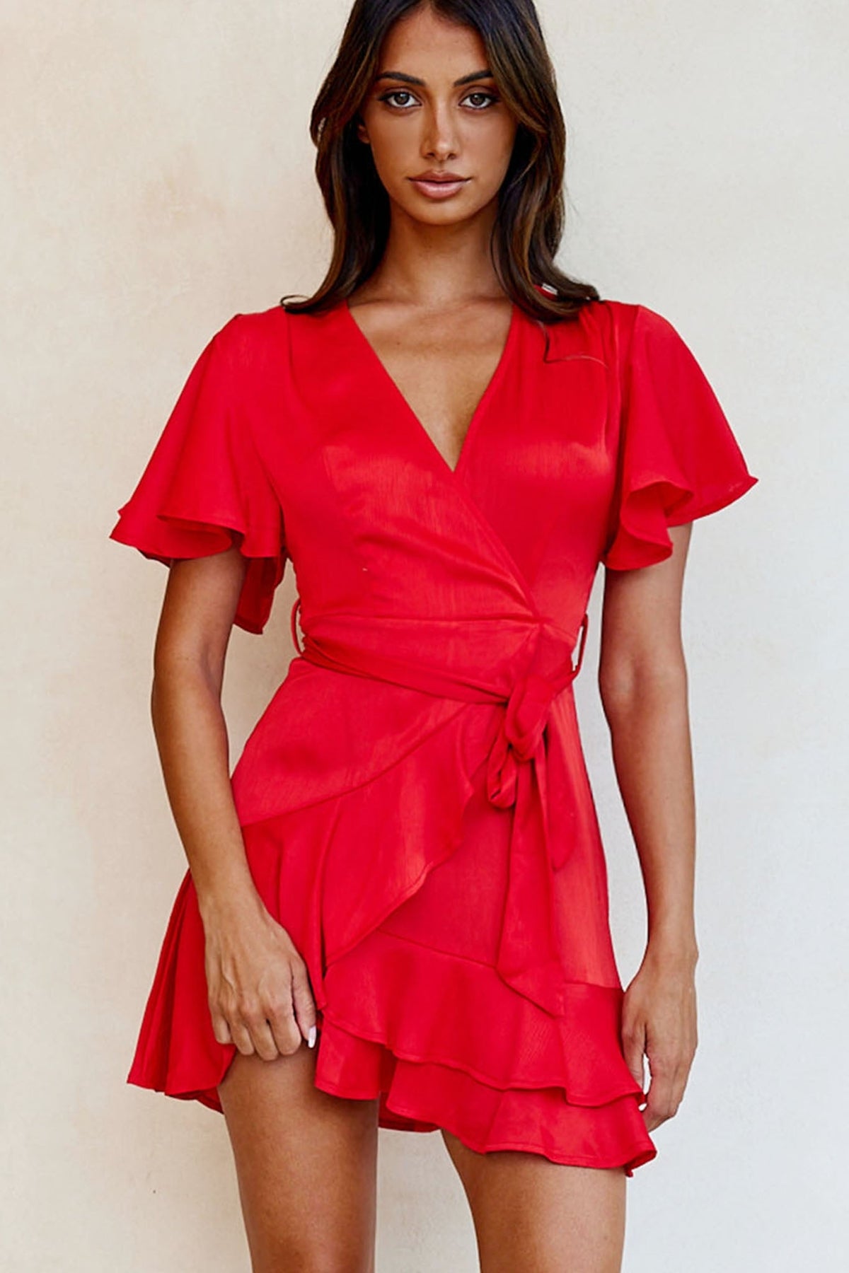 Cami Angel Sleeve Faux Wrap Dress Red