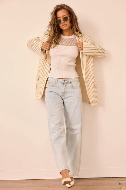 Strut With Style Woven Blazer - Cream Stripe