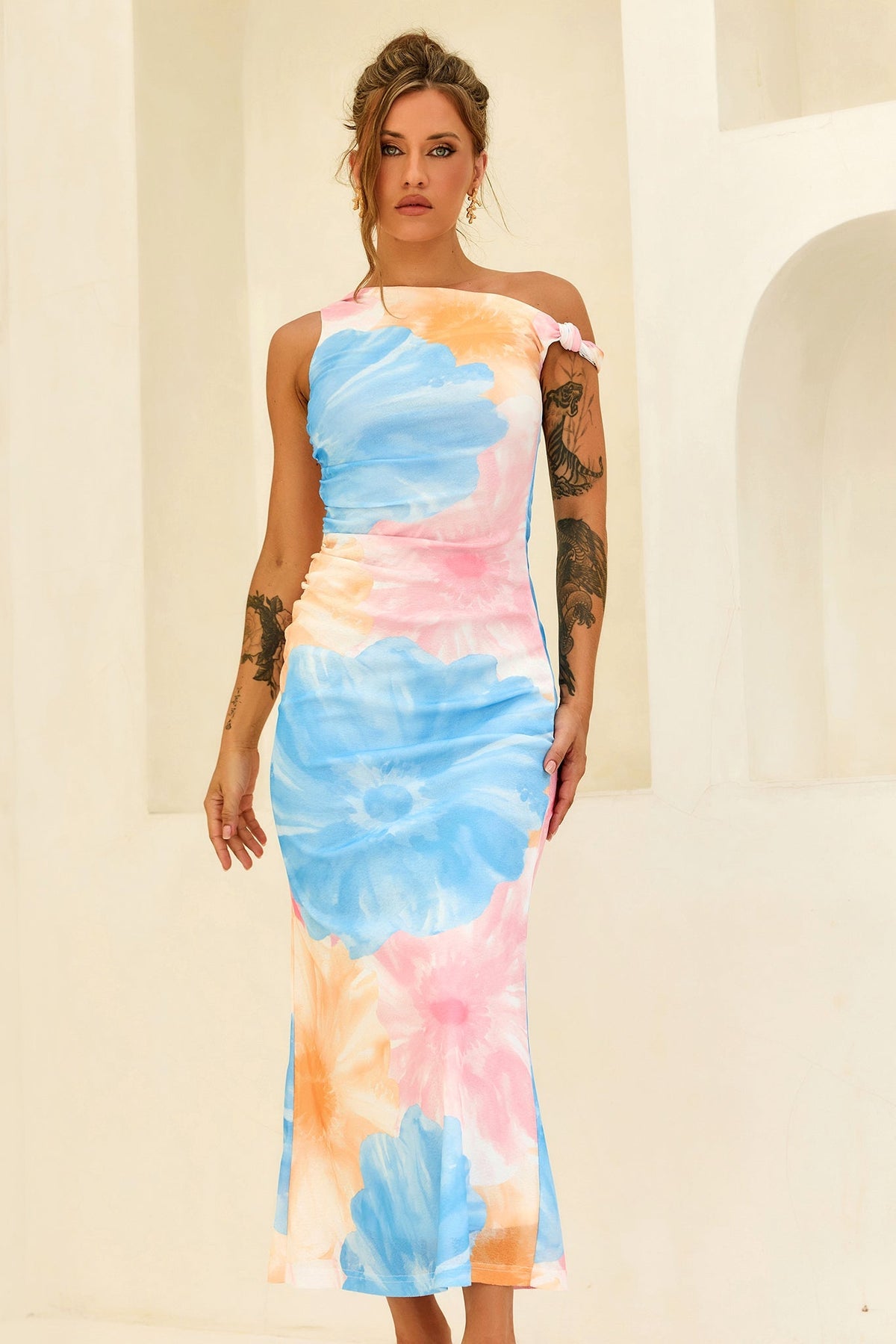 The Front Row Mesh Maxi Dress - Blue Multi