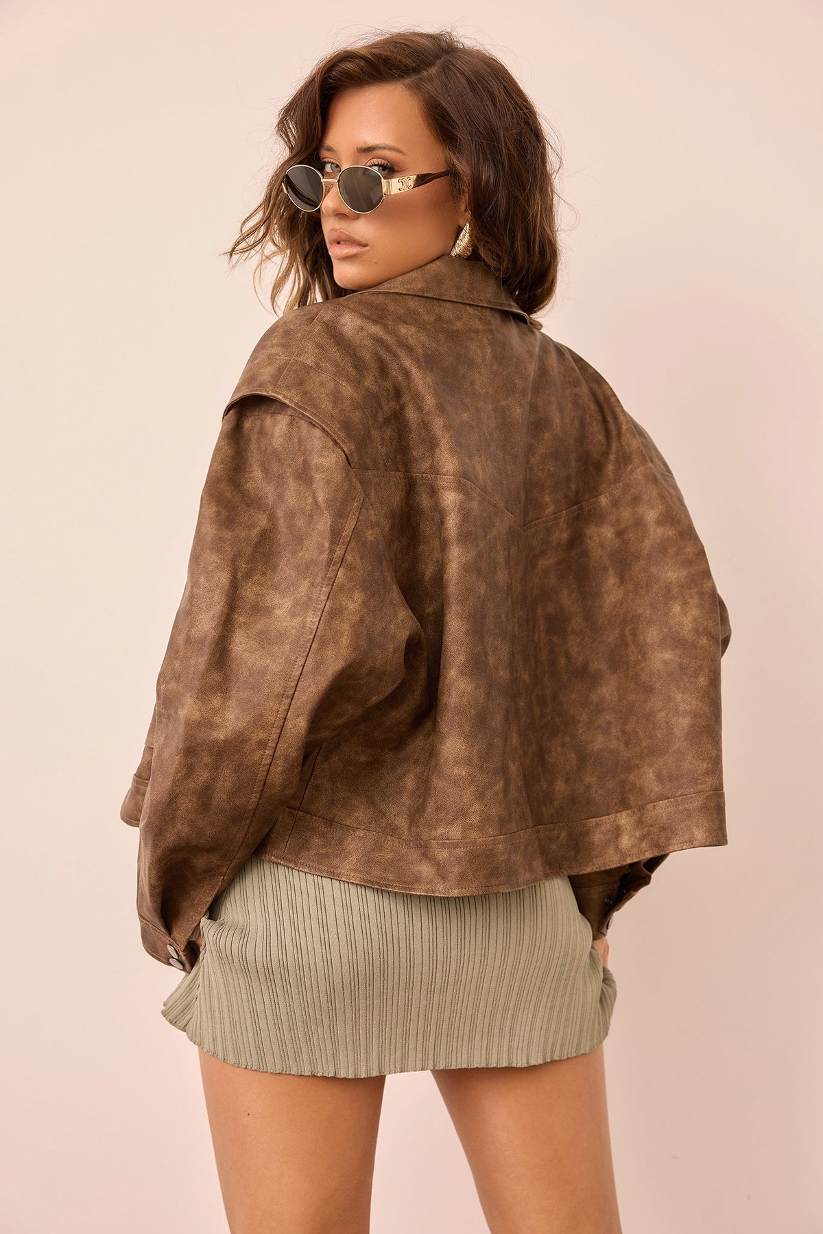 Washed Out Vegan Leather Jacket - Brown