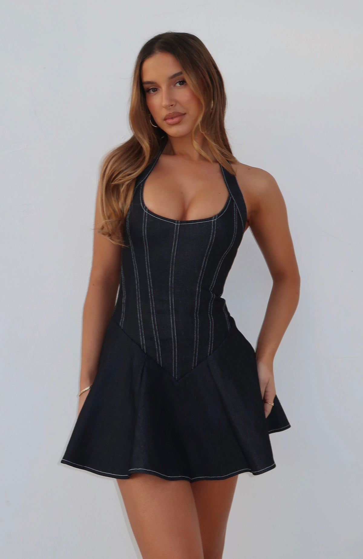 Looking At Me Halter Mini Dress Dark Indigo