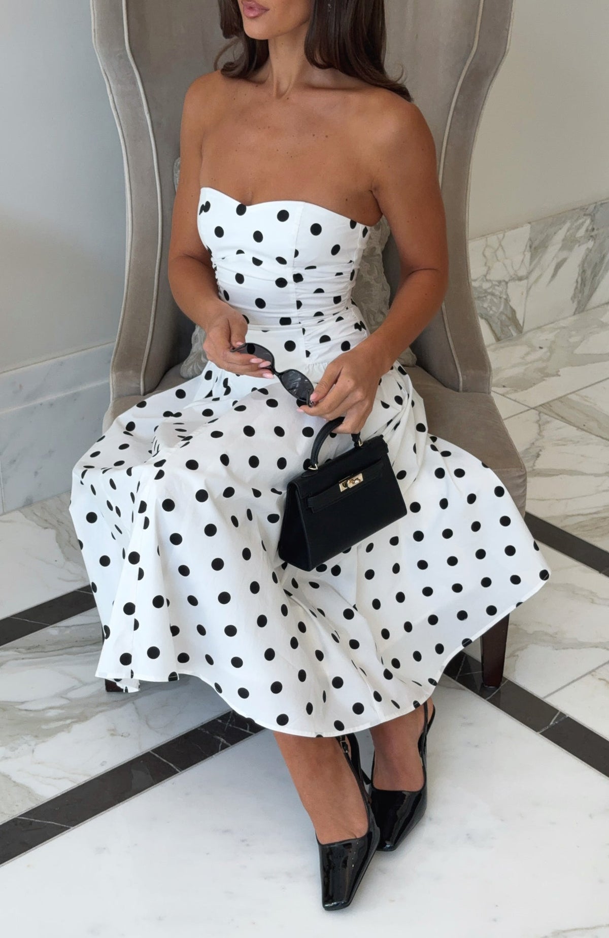 Rich In Love Strapless Midi Dress White/Black Polka Dot