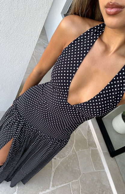 Sweet Temptation Halter Maxi Dress Black/ White Polka Dot